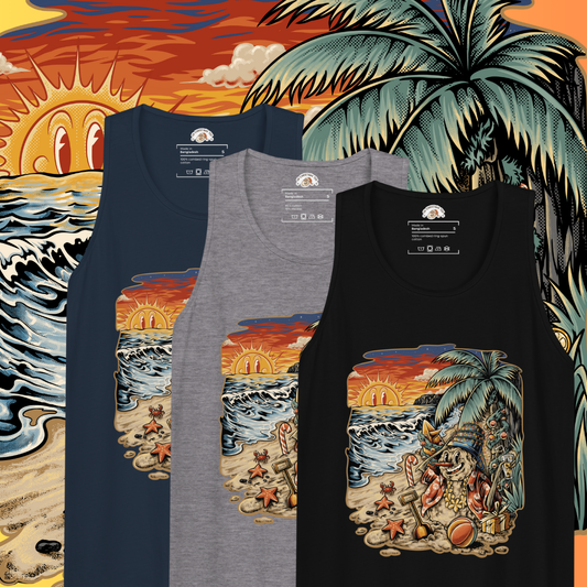 Black tank, Grey, and Navy blue tank tops with a graphic of a snowman made of sand reclining under a palm tree on a beach, surrounded by starfish, a beach ball, and a sunset over the ocean.