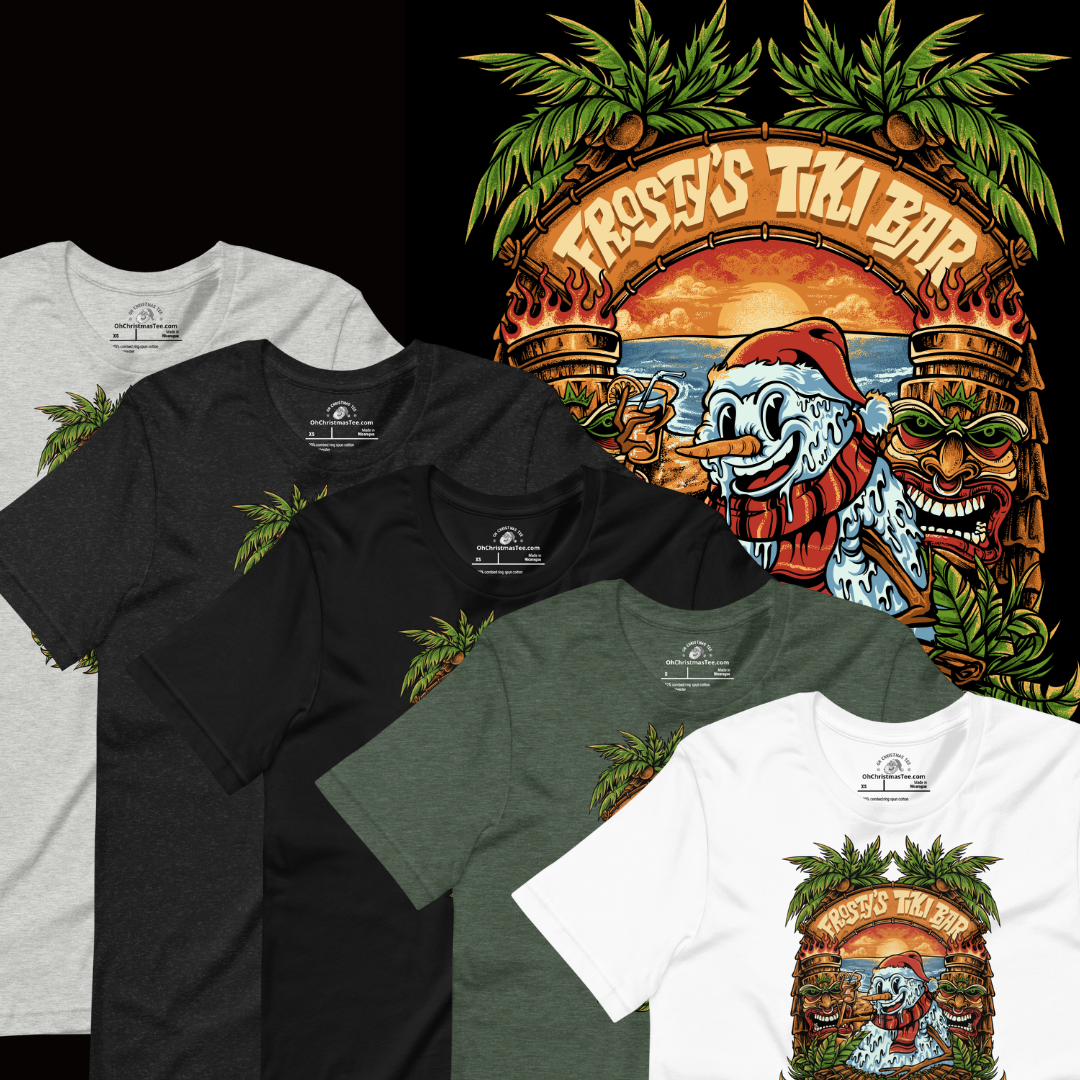 Frostys Tiki Bar front T-Shirt collage with multiple shirts from different colors. 