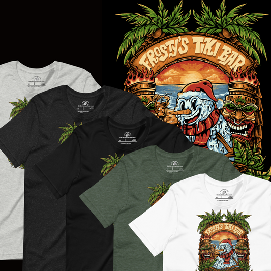 Frostys Tiki Bar front T-Shirt collage with multiple shirts from different colors. 