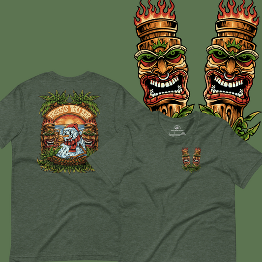 Green t-shirt with a graphic design of a tiki mask and a Snowman at a tiki bar on the back.