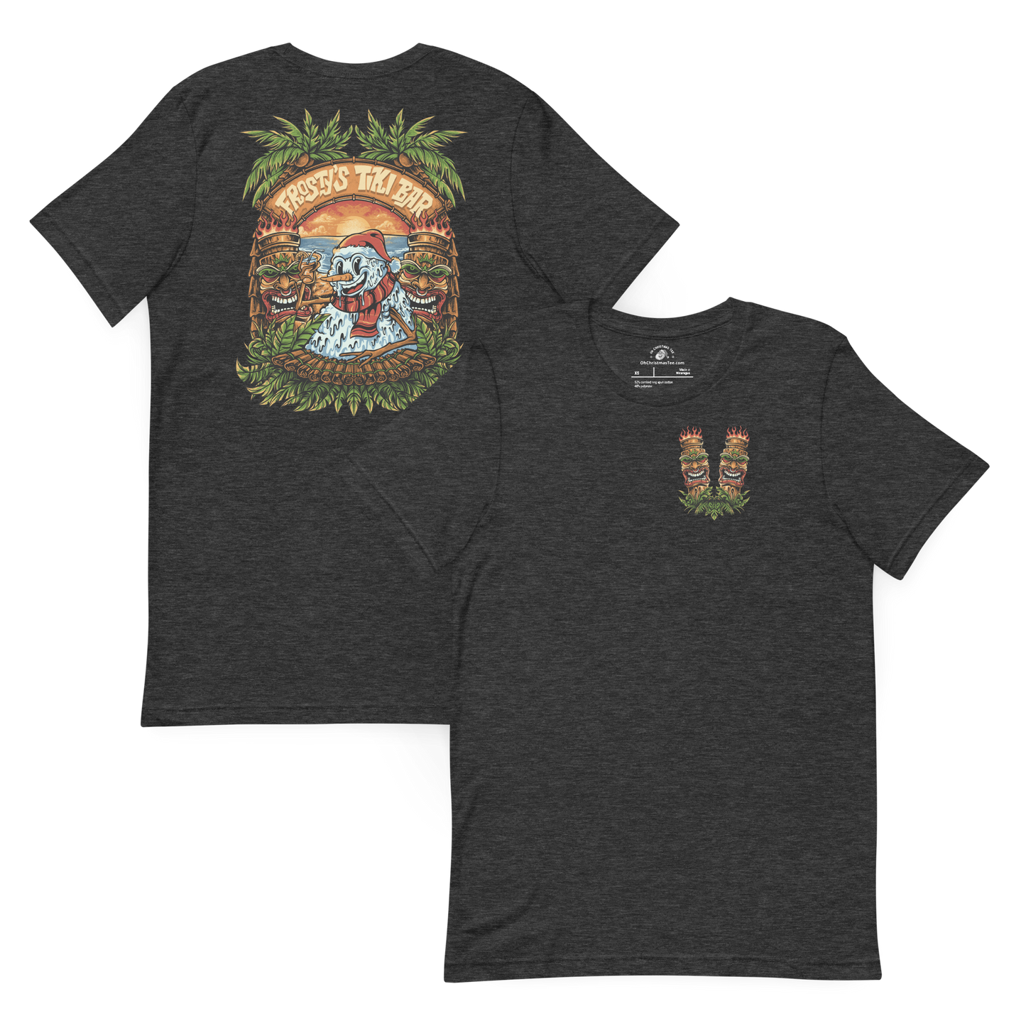 Grey Heather t-shirt with a colorful graphic design on the front and back. Christmas in July tiki themed shirt.