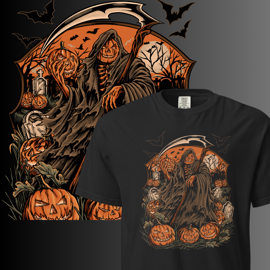 Reaper’s Harvest – Grim Reaper & Haunted Pumpkins Halloween Tee