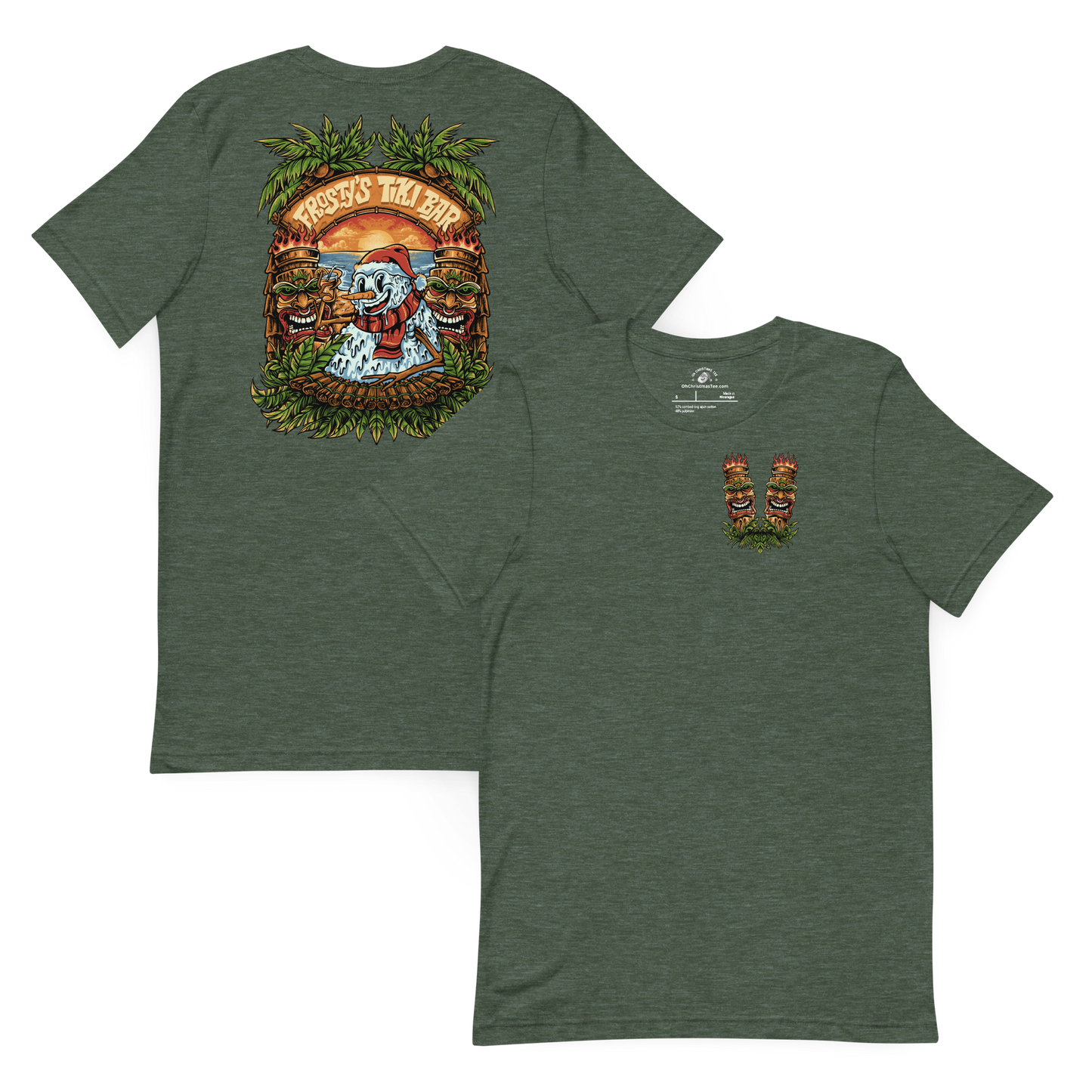 Green t-shirt with a front and back design on a white background. Christmas in July tiki themed shirt.