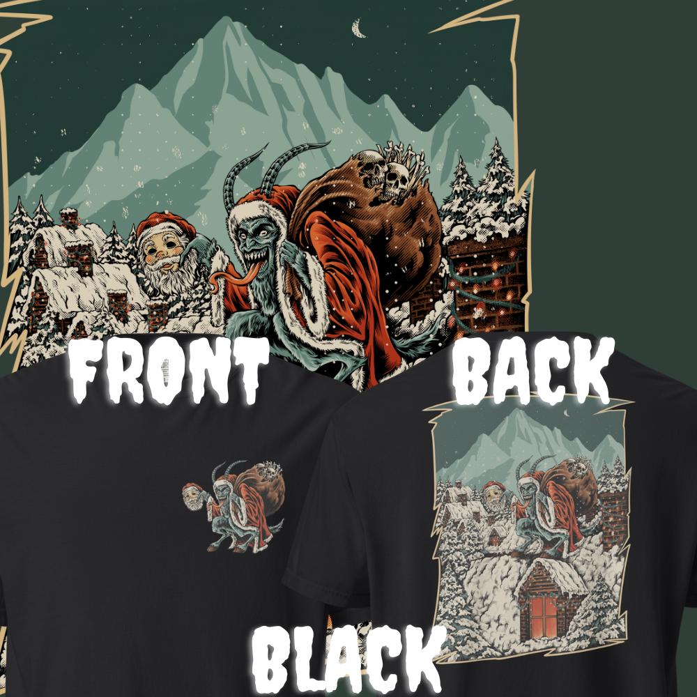 Black  Krampus T-Shirt with a small front chest print of Krampus carrying a Santa Mask; back shows a large scene of Krampus carrying a Santa Mask with a sack of bones. 