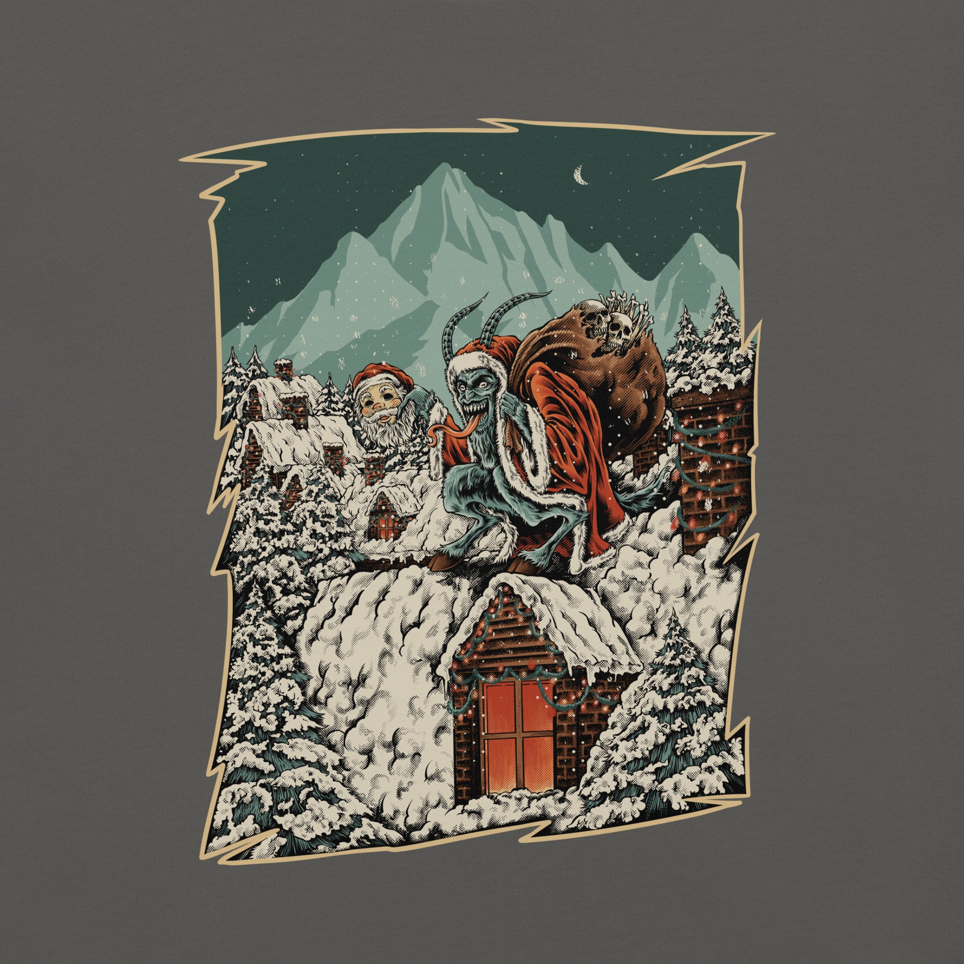 Pepper  Krampus design of Krampus carrying a Santa Mask with a llarge scene of Krampus carrying a Santa Mask with a sack of bones. 