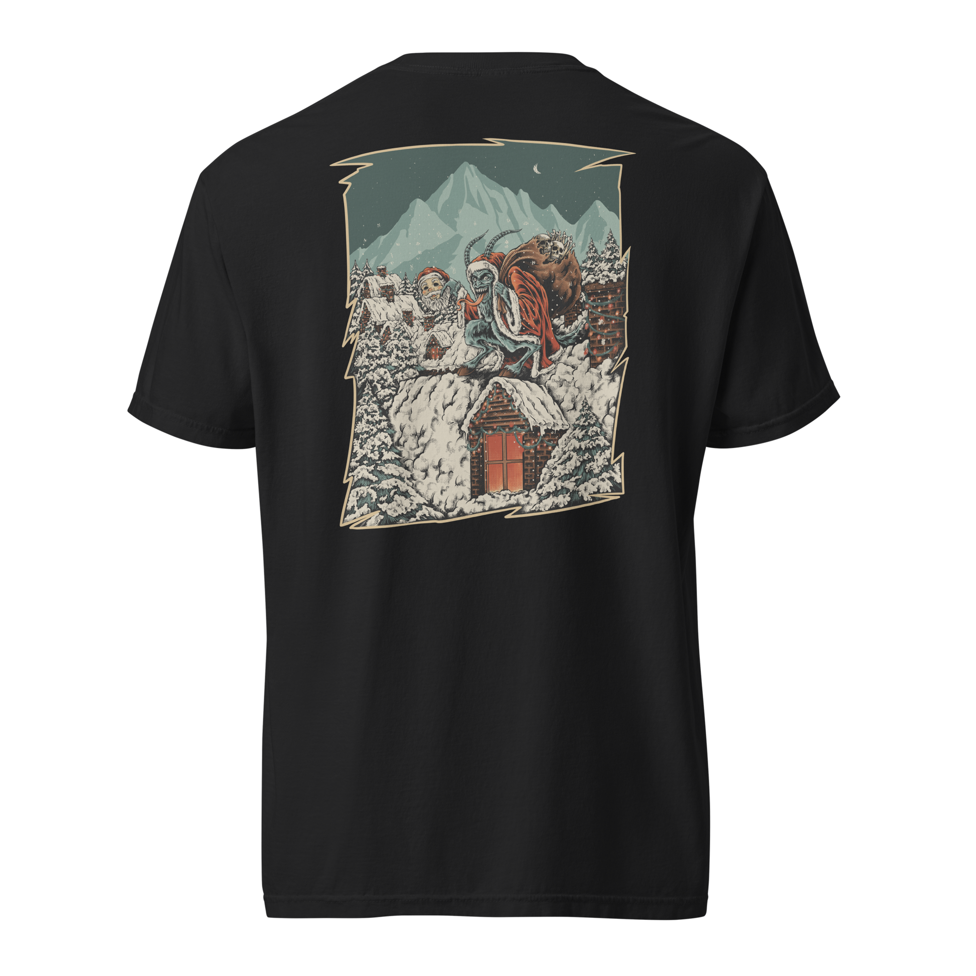 Black  Krampus T-Shirt with a small front chest print of Krampus carrying a Santa Mask; back shows a large scene of Krampus carrying a Santa Mask with a sack of bones. 