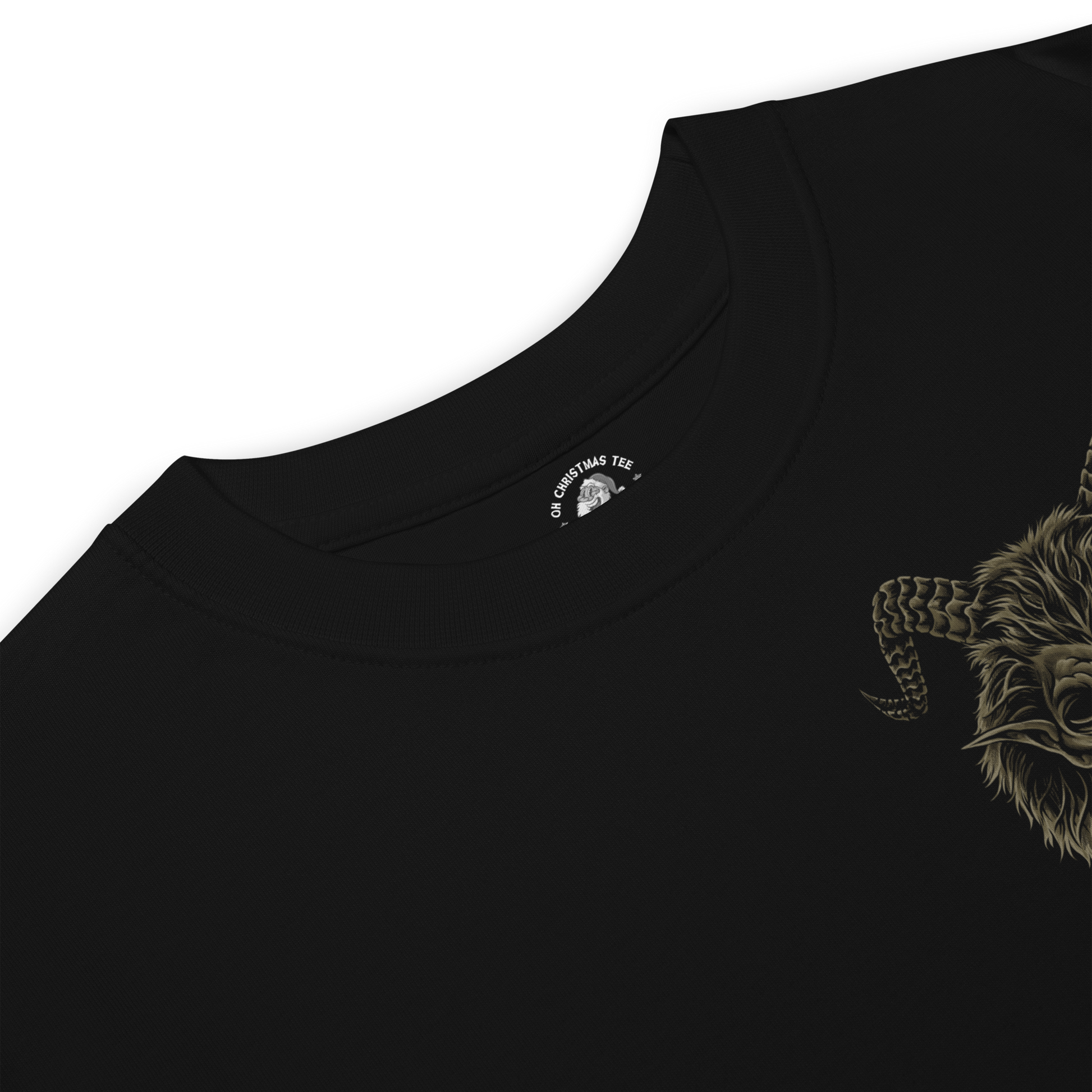 Close up of front of t-shirt with Krampus mask on chest. 