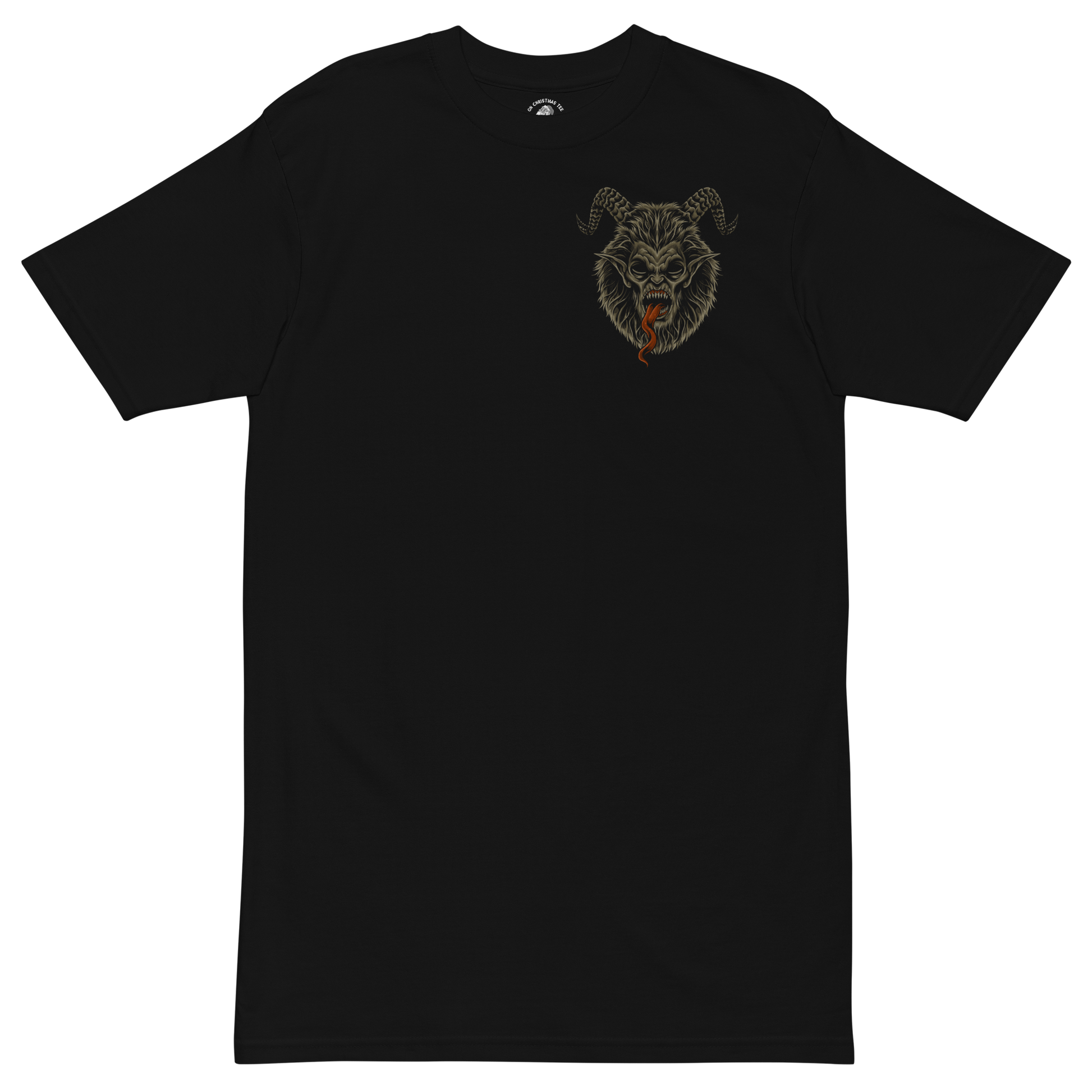 Black t-shirt with a graphic of a Krampus Mask on the front chest of the shirt. 