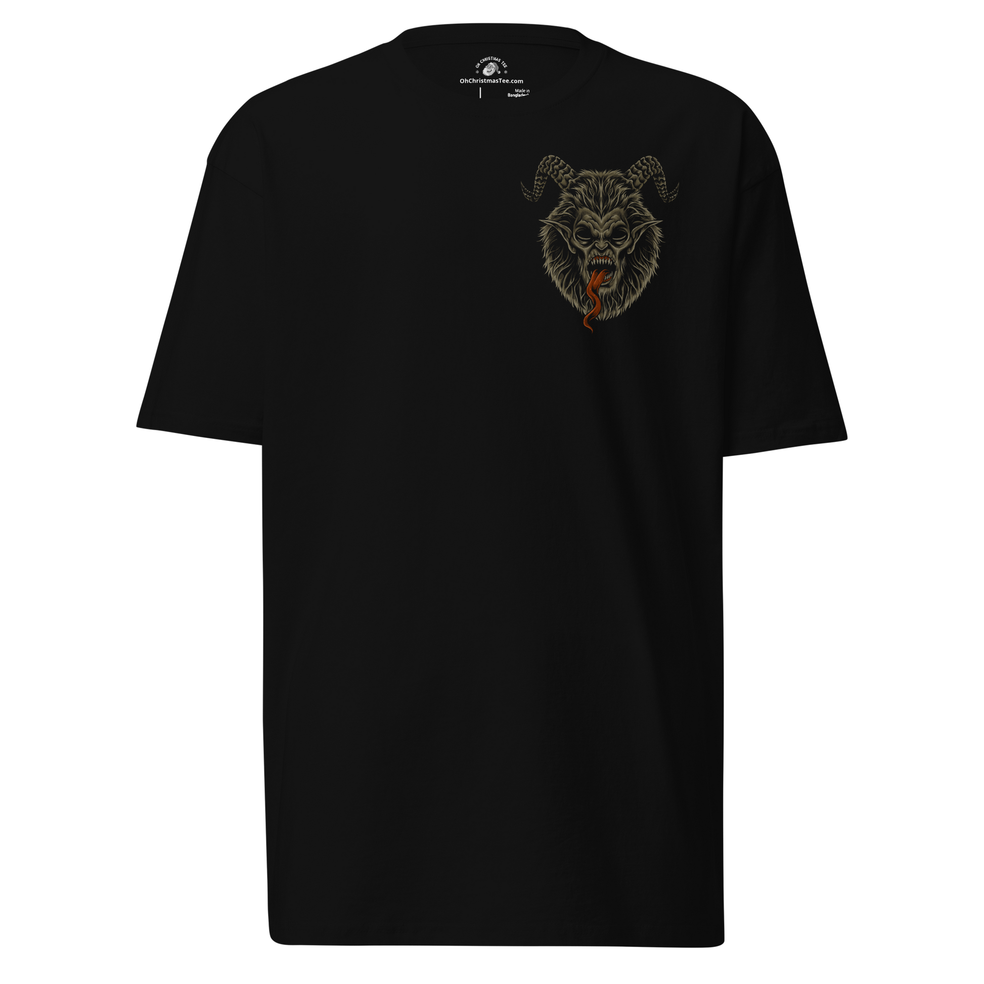 Black t-shirt with a graphic of a Krampus Mask on the front chest of the shirt. 