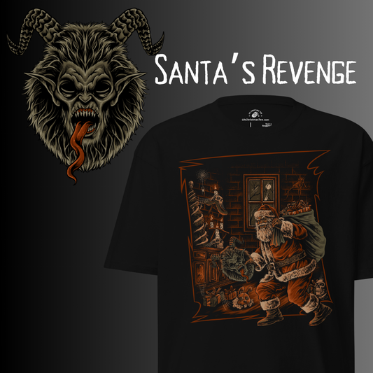 Black t-shirt with 'Santa's Revenge' graphic design featuring a horned creature and Santa Claus, alongside a mask with horns on a dark background.