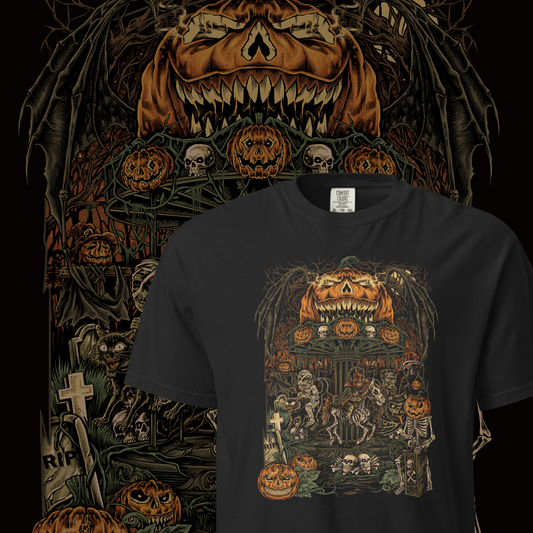 Black halloween T‑shirt featuring a haunted carnival carousel made of jack‑o’‑lanterns with skeletal horses, skulls, bats, and a gravestone under a giant grinning pumpkin head.