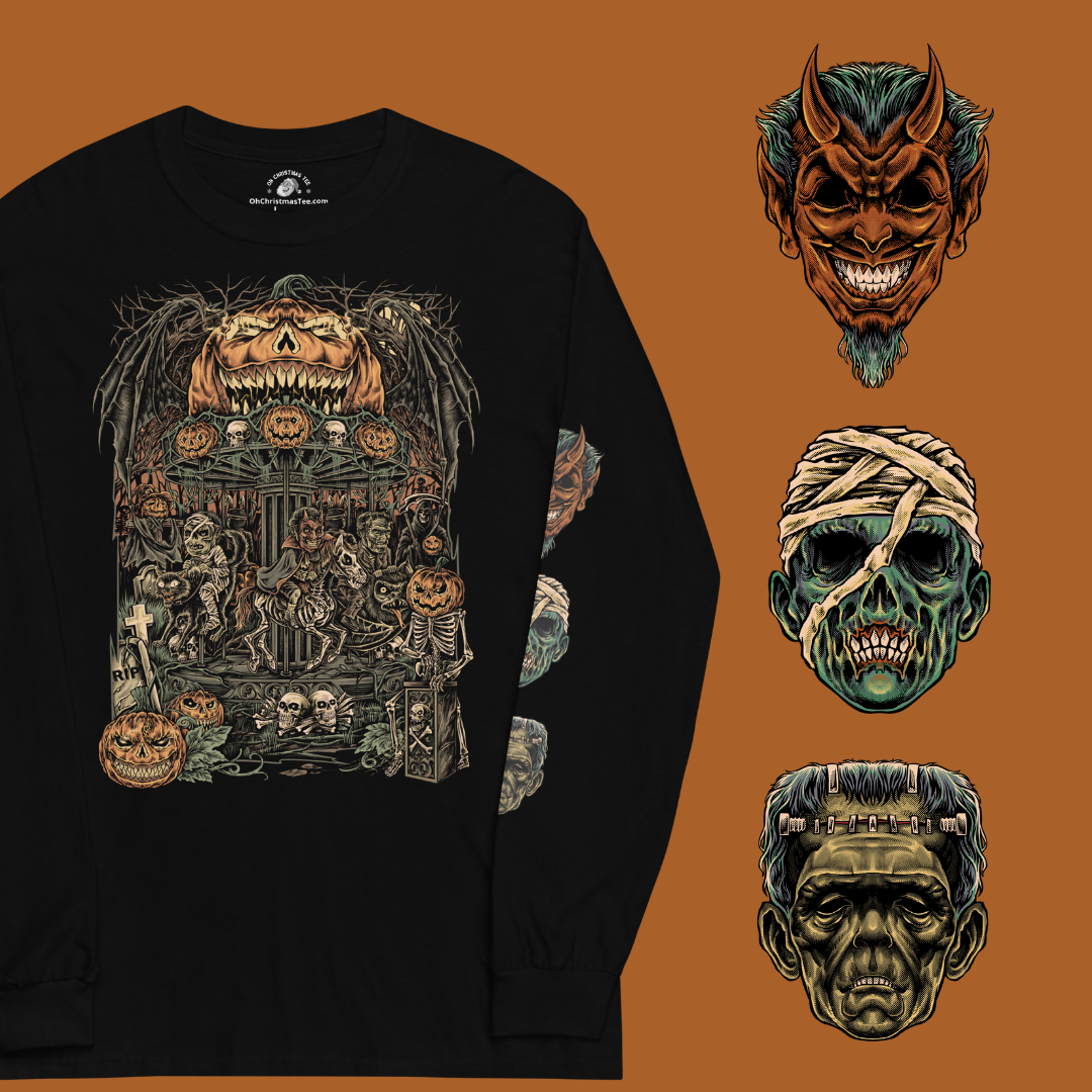 Black long-sleeve shirt with Halloween-themed design on a brown background