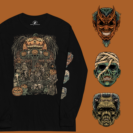 Black long-sleeve shirt with Halloween-themed design on a brown background