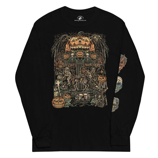 Black long-sleeve shirt with Halloween-themed design featuring pumpkins and skeletons on a white background.