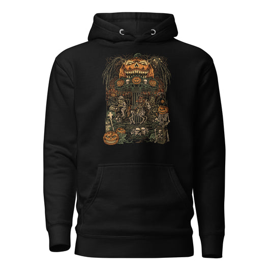 Black hoodie featuring a highly detailed, vintage-style Halloween illustration of a haunted carnival scene. The design includes skeletons, jack-o’-lanterns, gravestones, and a menacing pumpkin-headed figure overseeing the chaos.