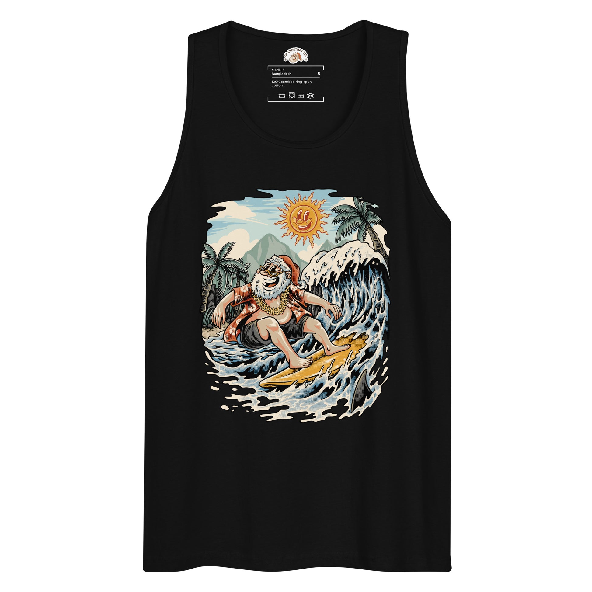 Black tank top depicting Santa Claus surfing a big wave under a smiling sun, with palm trees and a tropical shoreline in the background.