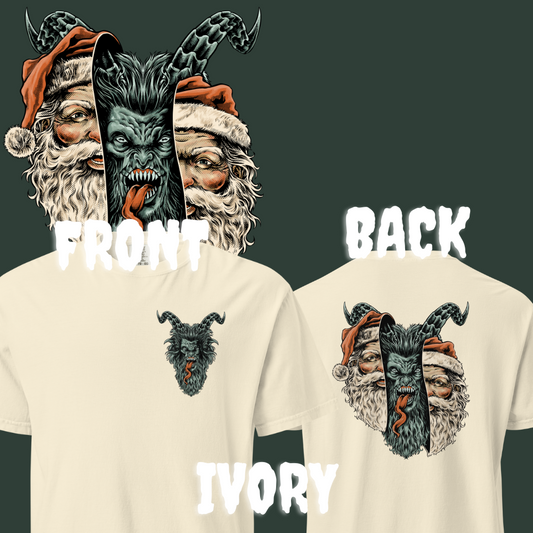 Cream Krampus T-shirt featuring a small front chest graphic of Krampus’s horned face; back shows Santa’s face mirrored on either side of Krampus 