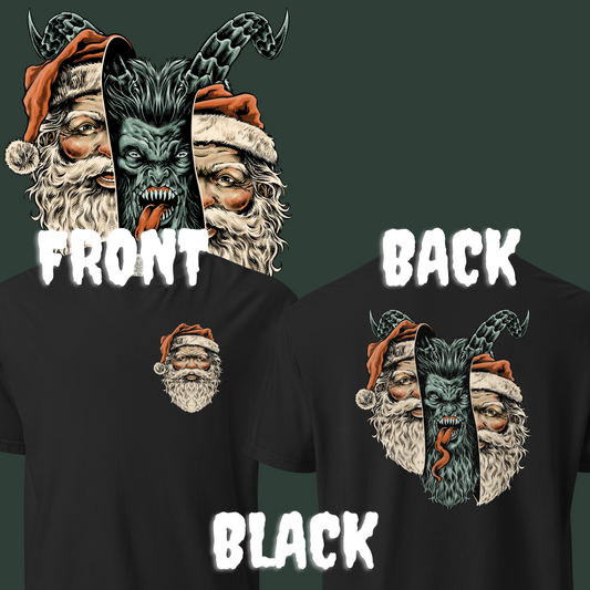 Black T-shirt with a front chest print of Santa’s face; back shows a split design with Santa’s face on either side of a snarling Krampus head.