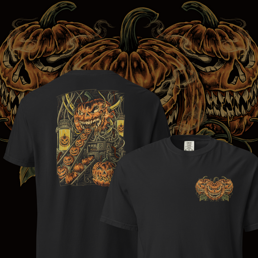 The Great Pumpkin Machine – Sinister Jack-O'-Lantern Factory Halloween Tee (Double-Sided)