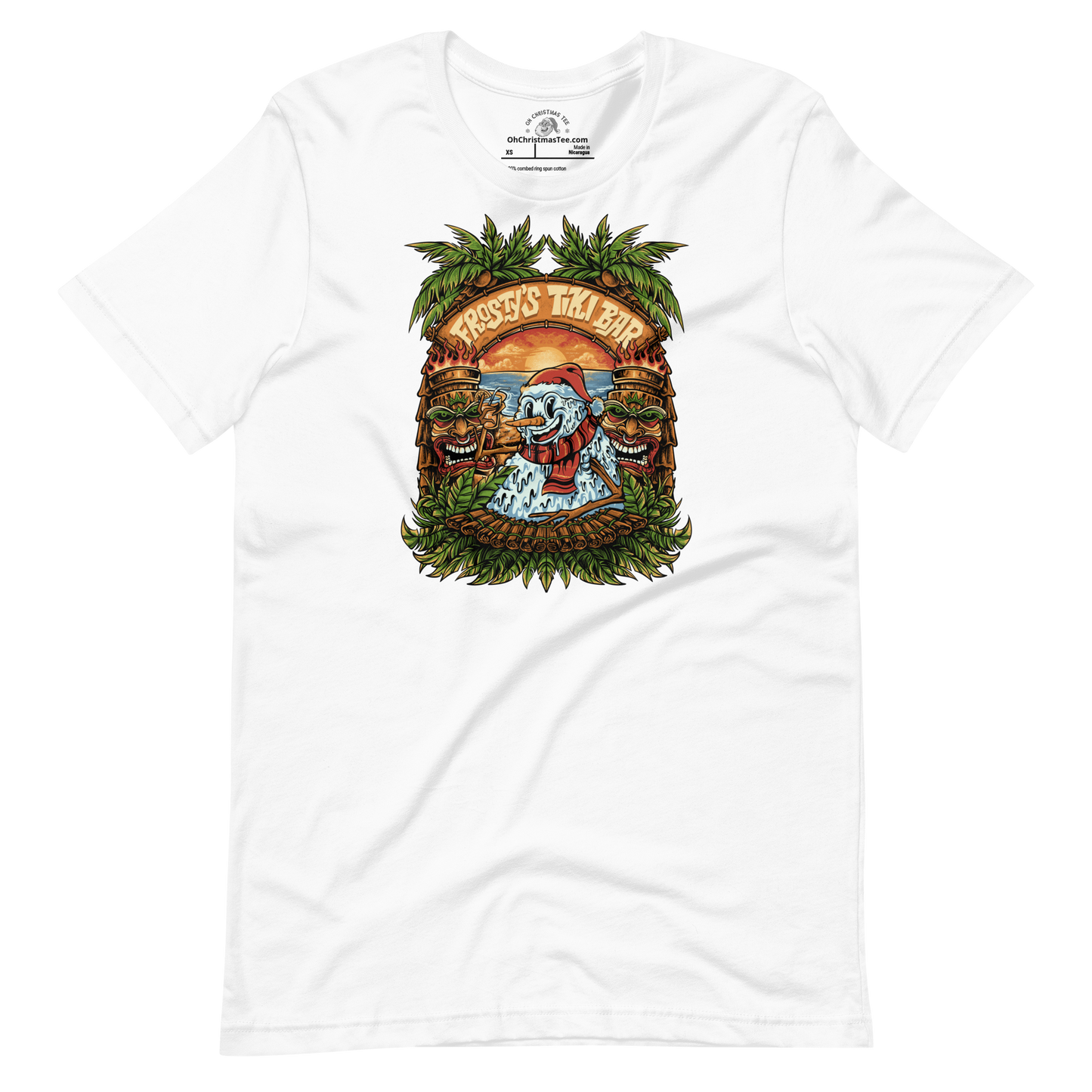 White t-shirt with a graphic design featuring a Snowman at a Tiki Bar