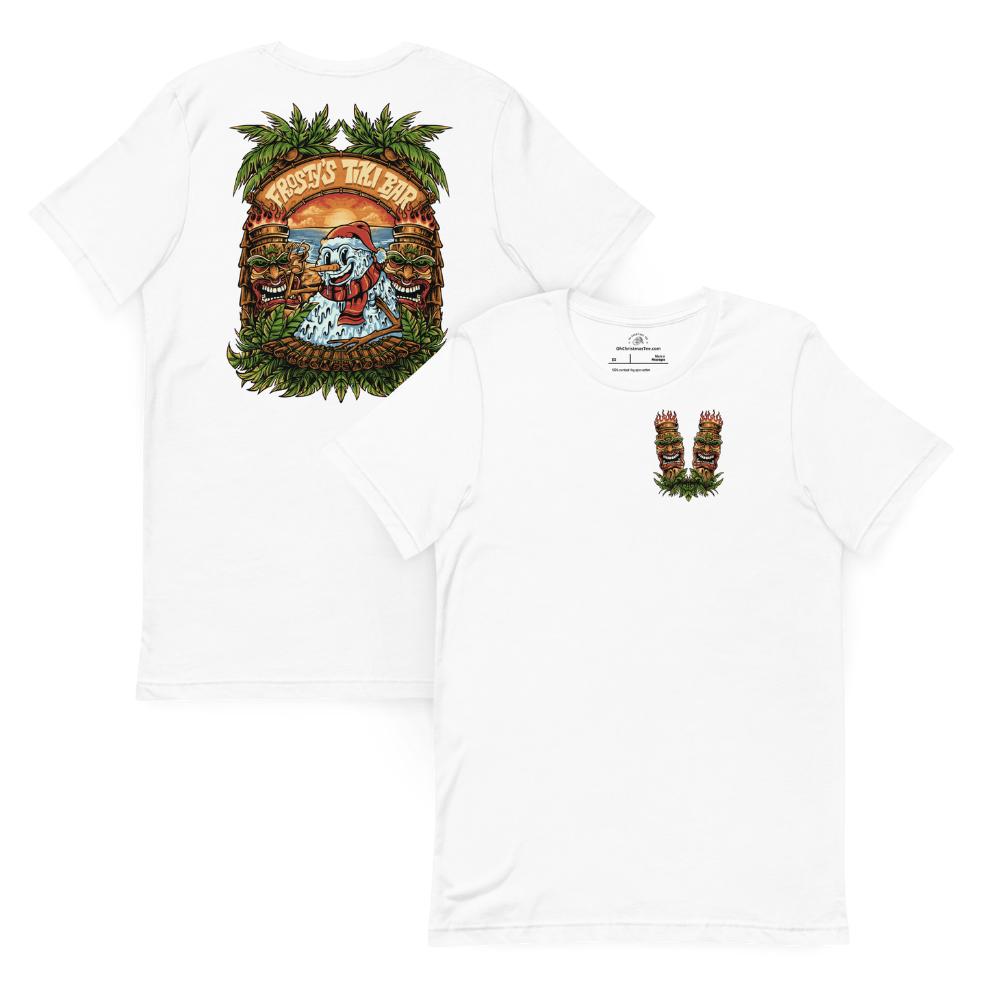 White t-shirt with snowman on back and tiki design on front chest. Christmas in July tiki themed shirt.
