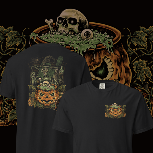 Witch’s Brew – Wicked Witch & Pumpkin Cauldron Halloween Tee (Double-Sided)