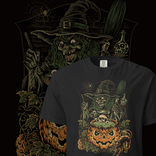Witch’s Brew – Wicked Witch & Pumpkin Cauldron Halloween Tee