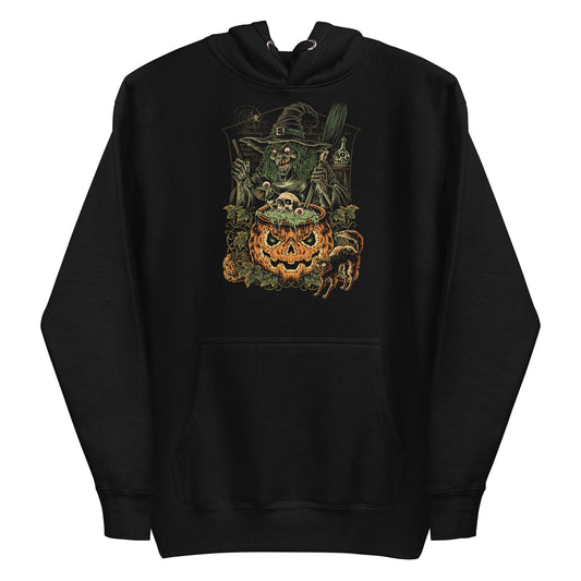 Black hoodie with Halloween-themed graphic Witch with Pumpkin Shaped Cauldron and Black Cat.
