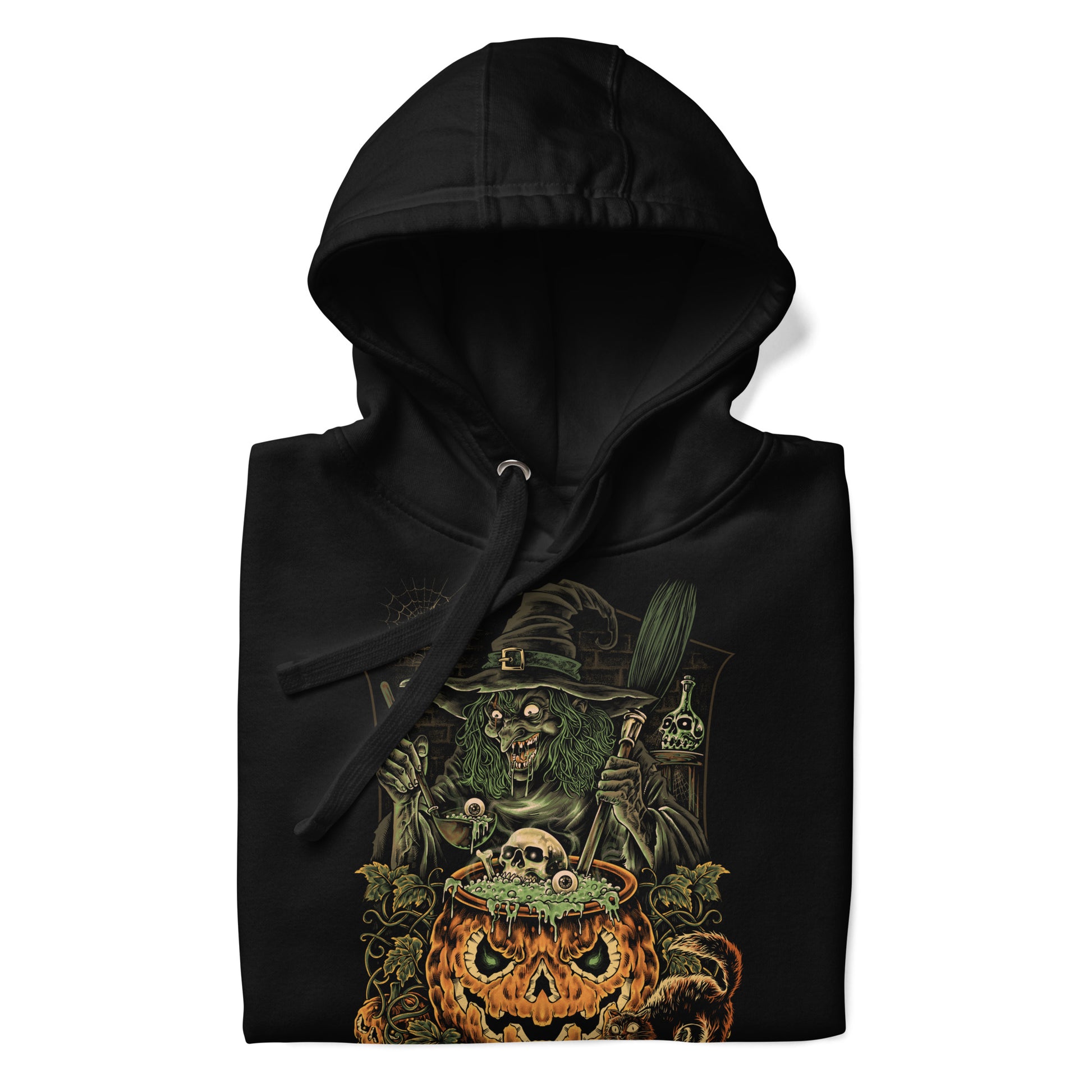 Folded black halloween hoodie with witch on front.