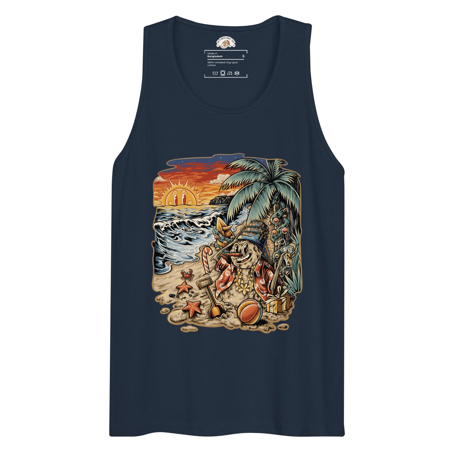 Navy tank top with a graphic of a snowman made of sand reclining under a palm tree on a beach, surrounded by starfish, a beach ball, and a sunset over the ocean.