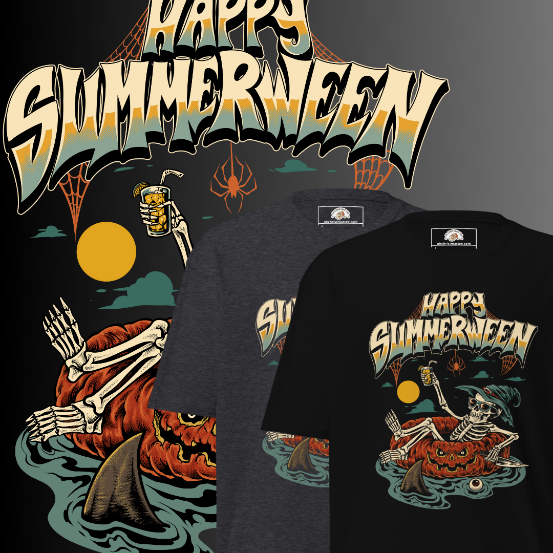 T-shirt with 'Happy Summerween' design featuring a skeleton floating on a pumpkin tube, on a dark background.