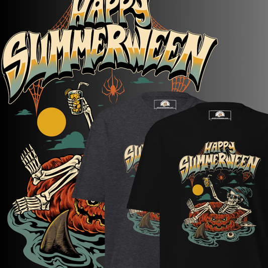 T-shirt with 'Happy Summerween' design featuring a skeleton floating on a pumpkin tube, on a dark background.