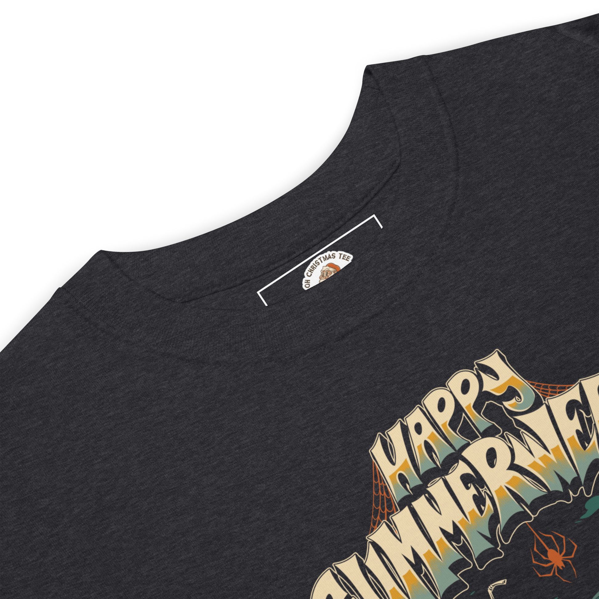 Charcoal grey halloween t-shirt close up with 'Happy Summerween' design.
