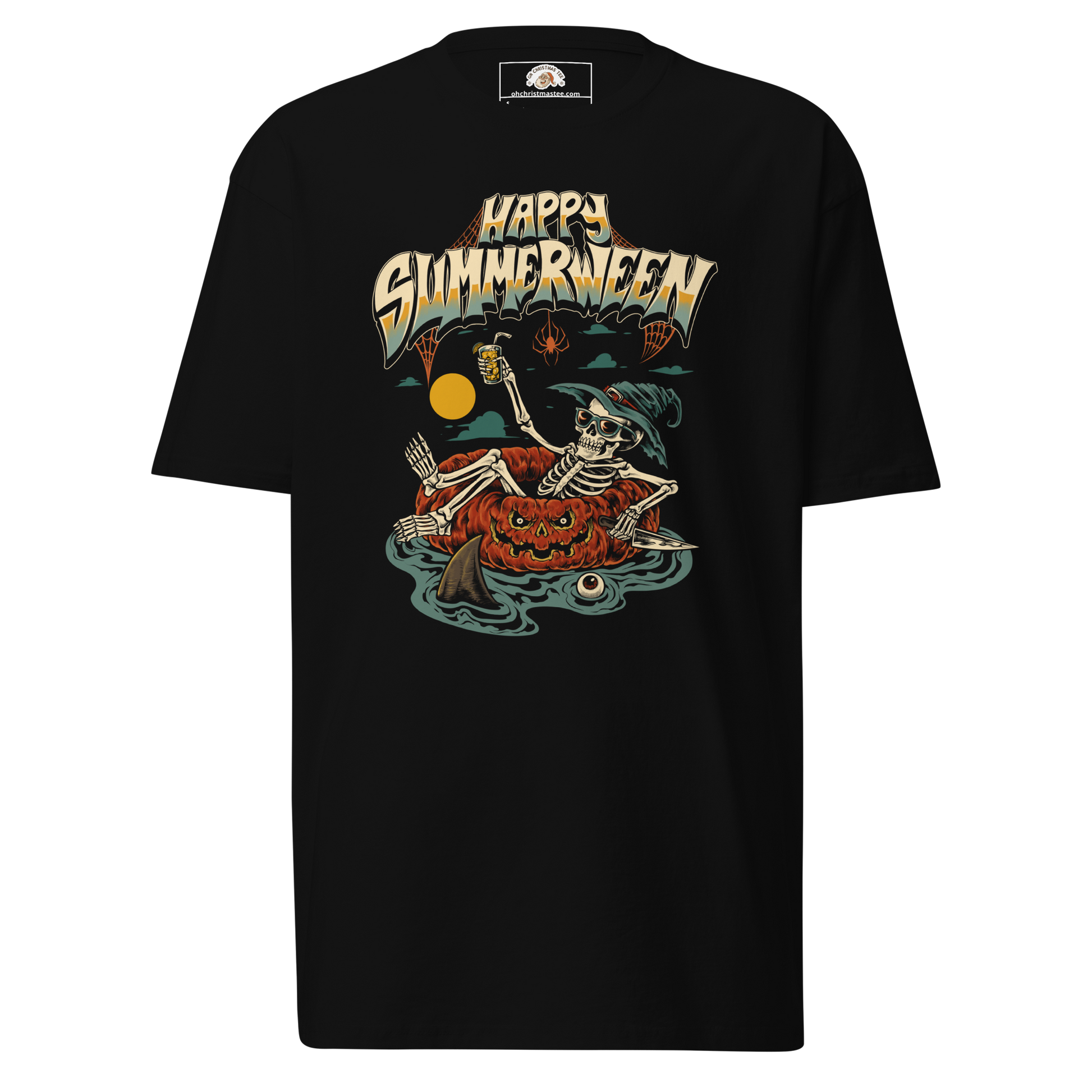Black halloween t-shirt with 'Happy Summerween' design featuring a skeleton floating on a pumpkin tube, on a dark background.