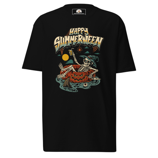 Black halloween t-shirt with 'Happy Summerween' design featuring a skeleton floating on a pumpkin tube, on a dark background.