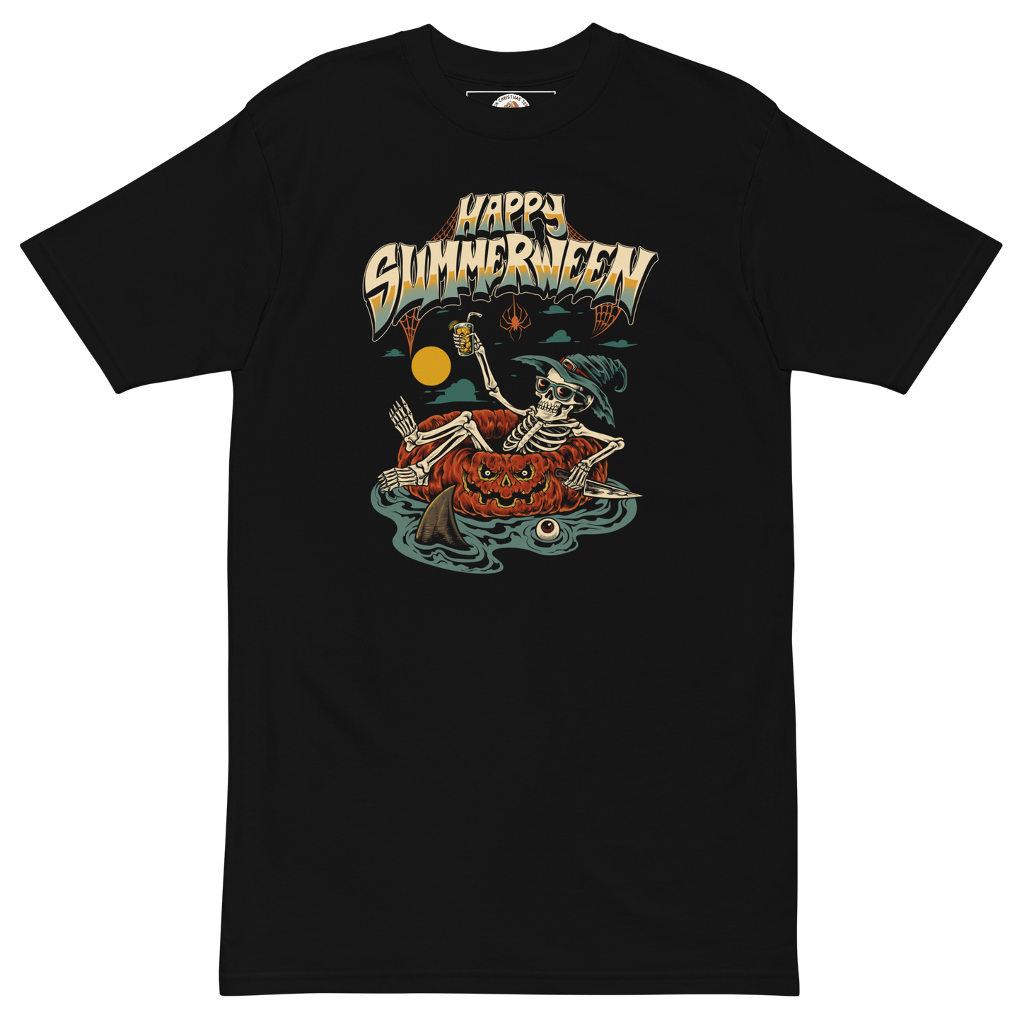 Black halloween t-shirt with 'Happy Summerween' design featuring a skeleton floating on a pumpkin tube, on a dark background.