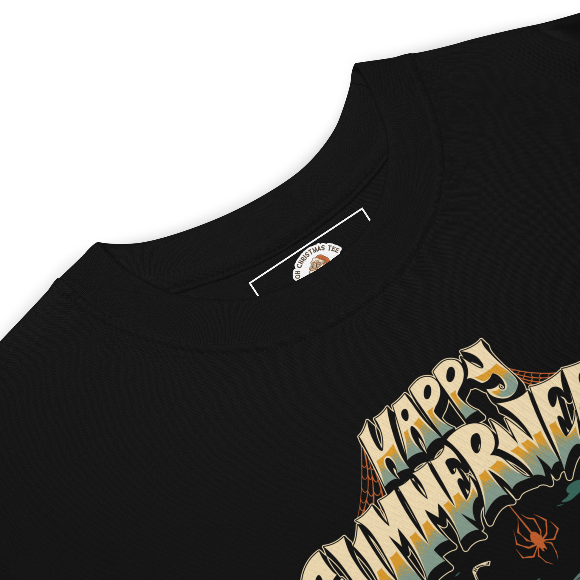 Black halloween t-shirt close up view with 'Happy Summerween' design.