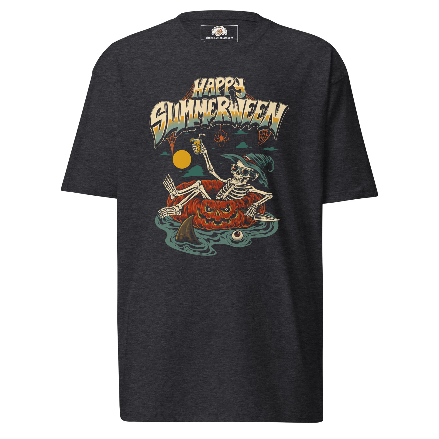 Charcoal Grey halloween t-shirt with 'Happy Summerween' design featuring a skeleton floating on a pumpkin tube, on a dark background.