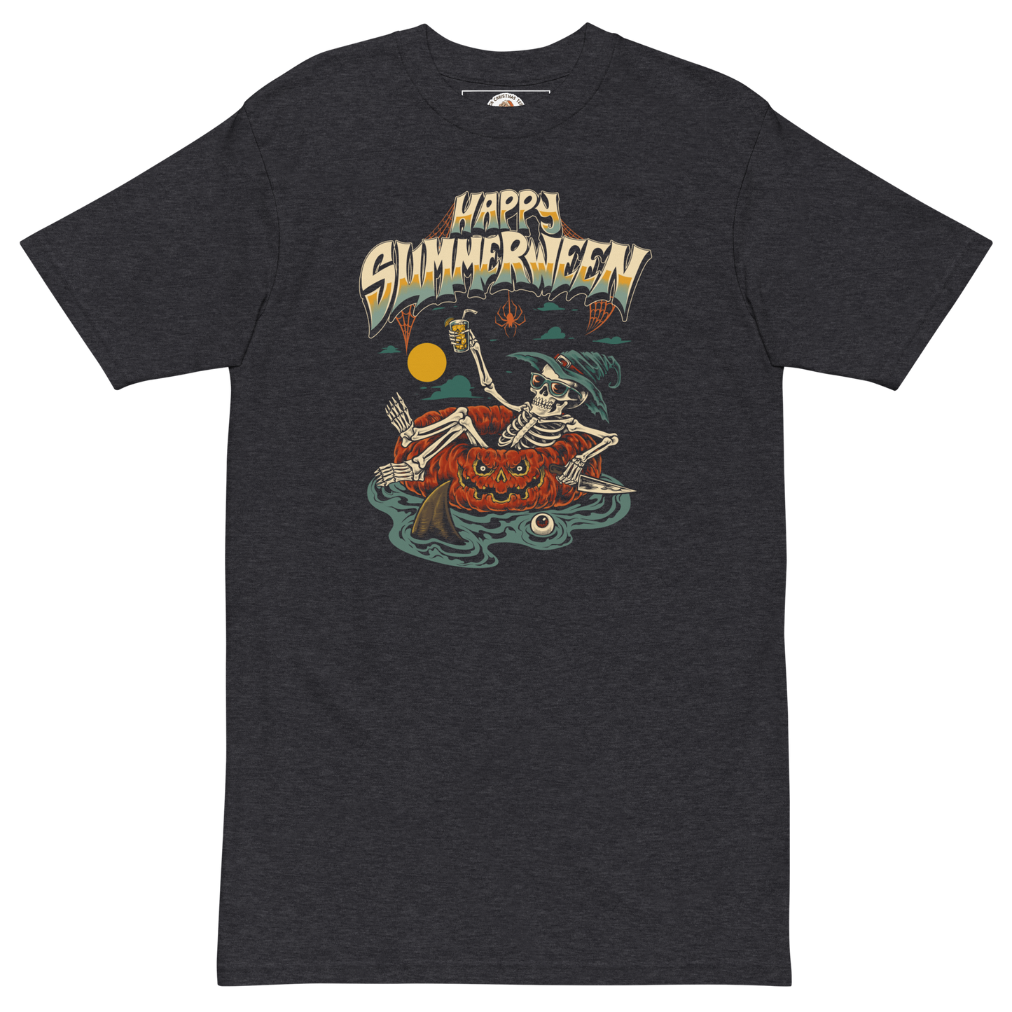 Charcoal Grey halloween t-shirt with 'Happy Summerween' design featuring a skeleton floating on a pumpkin tube, on a dark background.