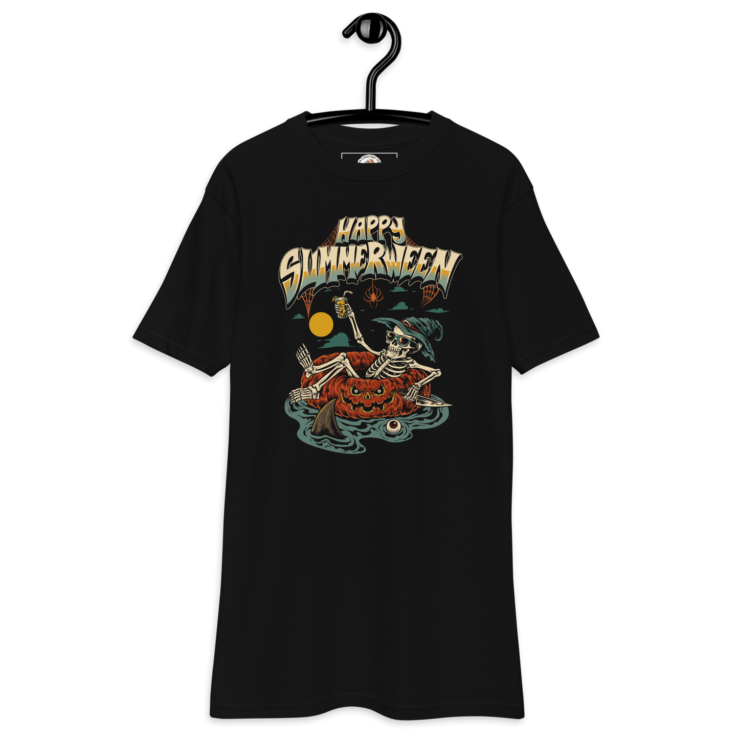 Black halloween t-shirt with 'Happy Summerween' design featuring a skeleton floating on a pumpkin tube, on a dark background.