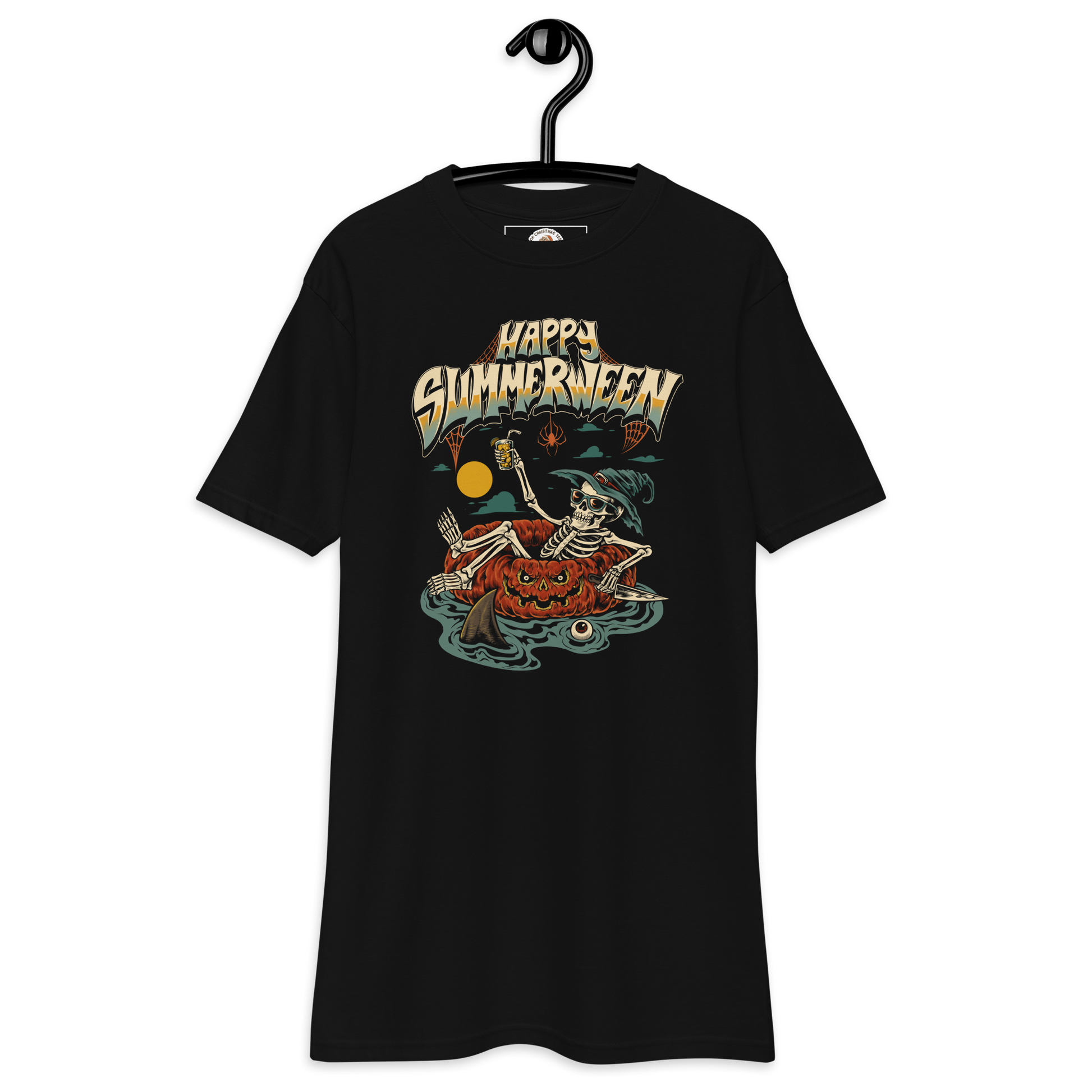 Black halloween t-shirt with 'Happy Summerween' design featuring a skeleton floating on a pumpkin tube, on a dark background.