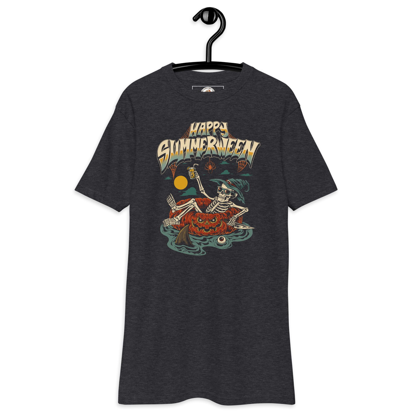Charcoal grey halloween t-shirt with 'Happy Summerween' design featuring a skeleton floating on a pumpkin tube, on a dark background.