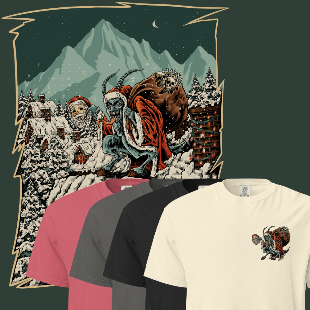 T-shirt in assorted colors with a small front chest print of Krampus carrying a Santa mask; back shows a large scene of Krampus carrying a Santa Mask and dragging santas gift sack with bones sticking out. 