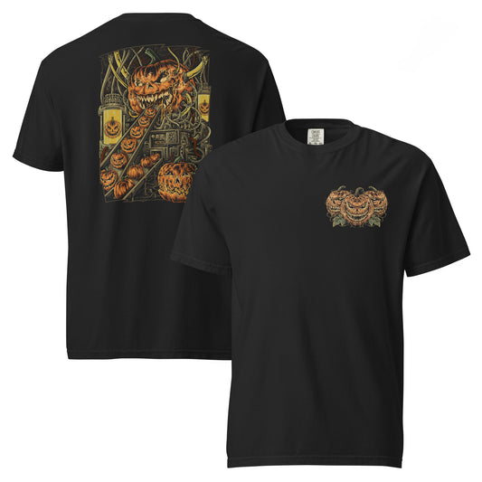 A black t-shirt with a double-sided print featuring a sinister jack-o'-lantern factory design with snarling pumpkins and vines on the front and back.