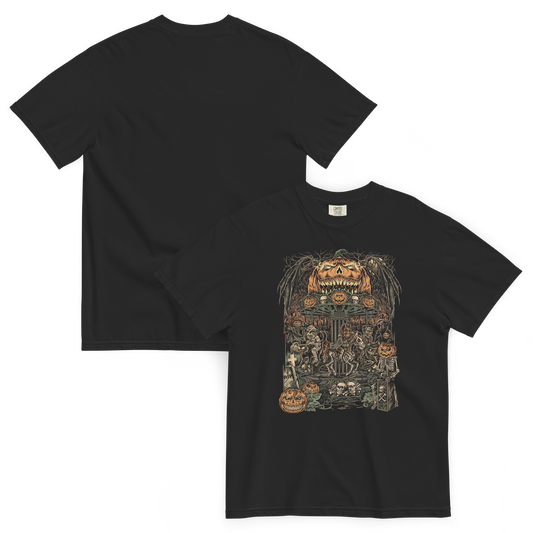 Black halloween T‑shirt featuring a haunted carnival carousel made of jack‑o’‑lanterns with skeletal horses, skulls, bats, and a gravestone under a giant grinning pumpkin head.