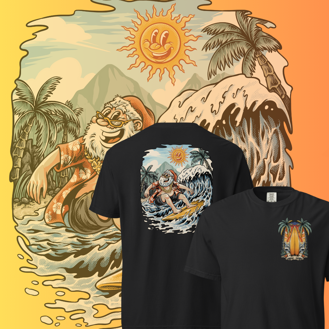 A graphic t-shirt with a double-sided print featuring Santa Claus surfing on one side and a beach scene with palm trees and a smiling sun on the other side.
