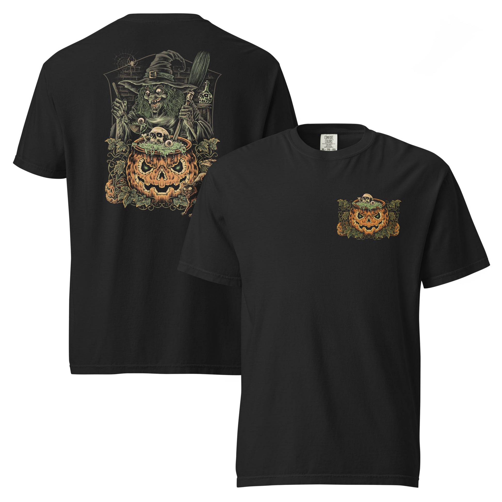 A double-sided black t-shirt with a graphic of a green-haired witch in a jack-o’-lantern cauldron accompanied by skulls, slime, and a black cat on the front, and a smaller front chest graphic with a bold, full-sized back print.