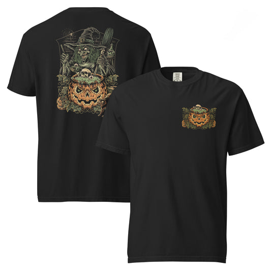 A double-sided black t-shirt with a graphic of a green-haired witch in a jack-o’-lantern cauldron accompanied by skulls, slime, and a black cat on the front, and a smaller front chest graphic with a bold, full-sized back print.
